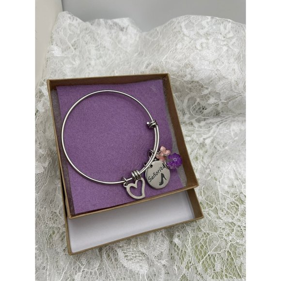 5-Charm Silver Tone Spring Bracelet - Charms: Flowers, Senorita, Fashion Dress, - Picture 8 of 8